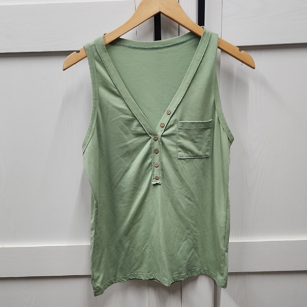 Sage Green V-Neck Tank Top with Button Accents